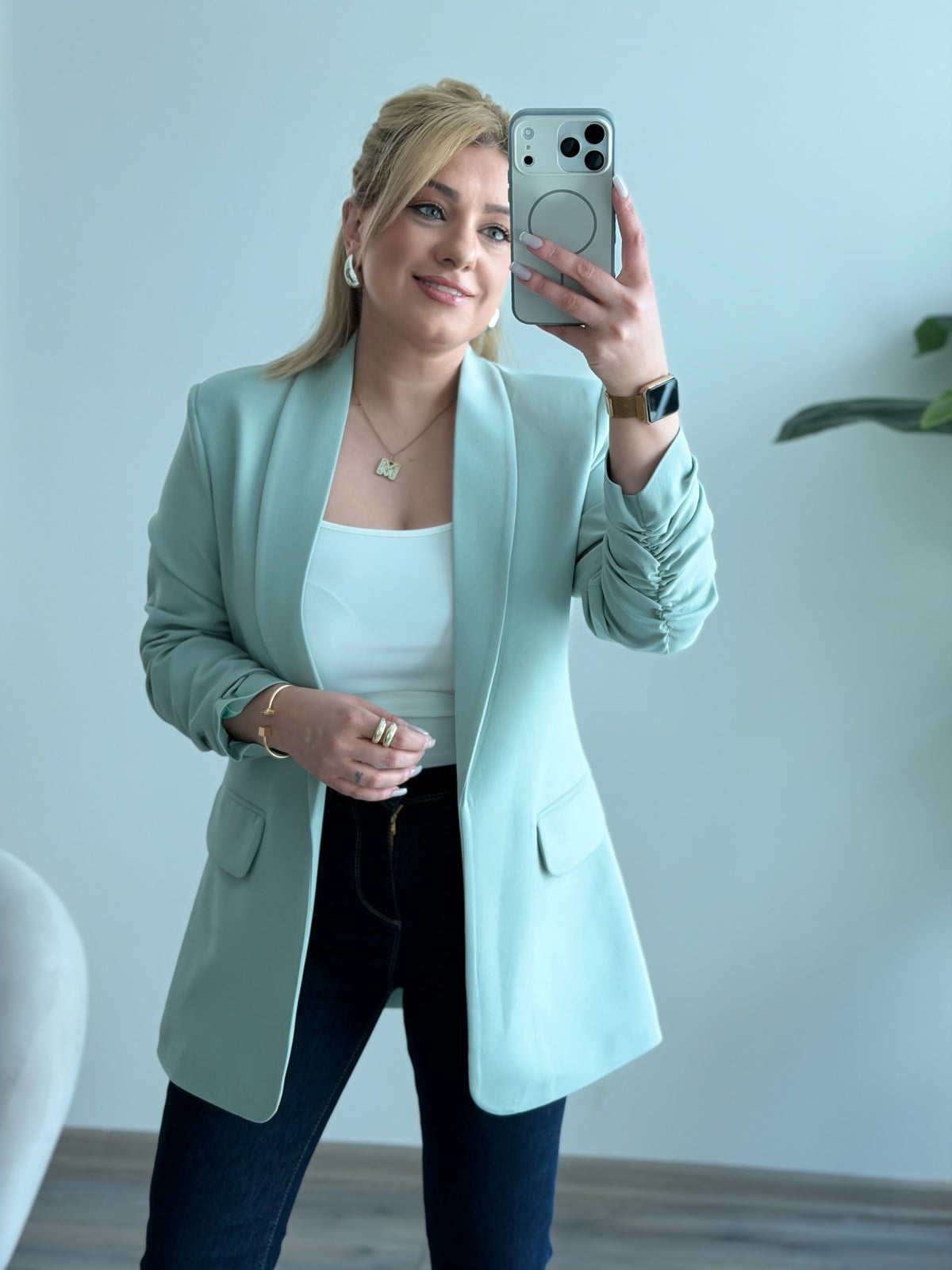 Düğmesiz Astarlı Kolu Büzgülü Blazer Ceket Mint