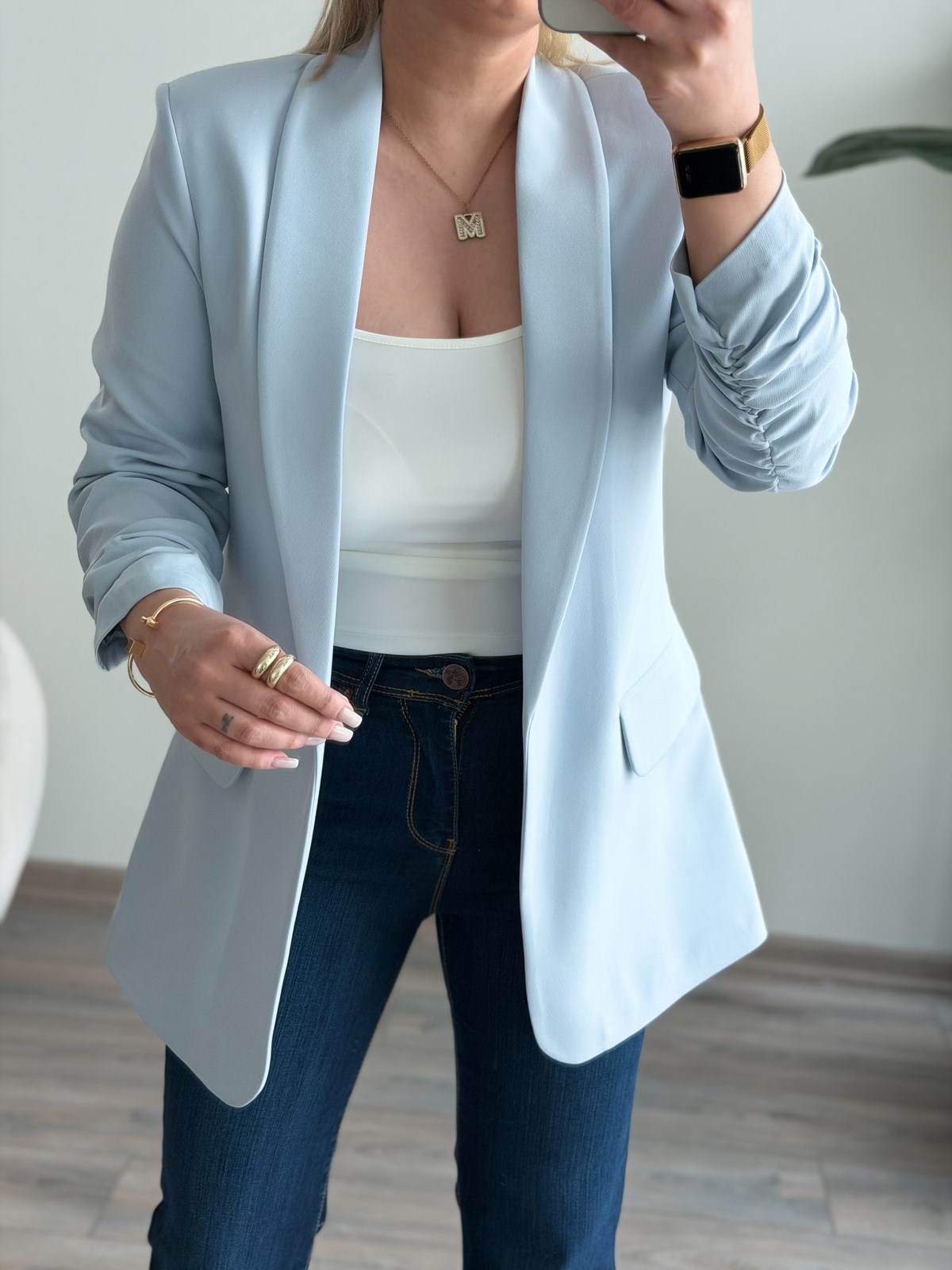 Düğmesiz Astarlı Kolu Büzgülü Blazer Ceket AÇIK MAVİ