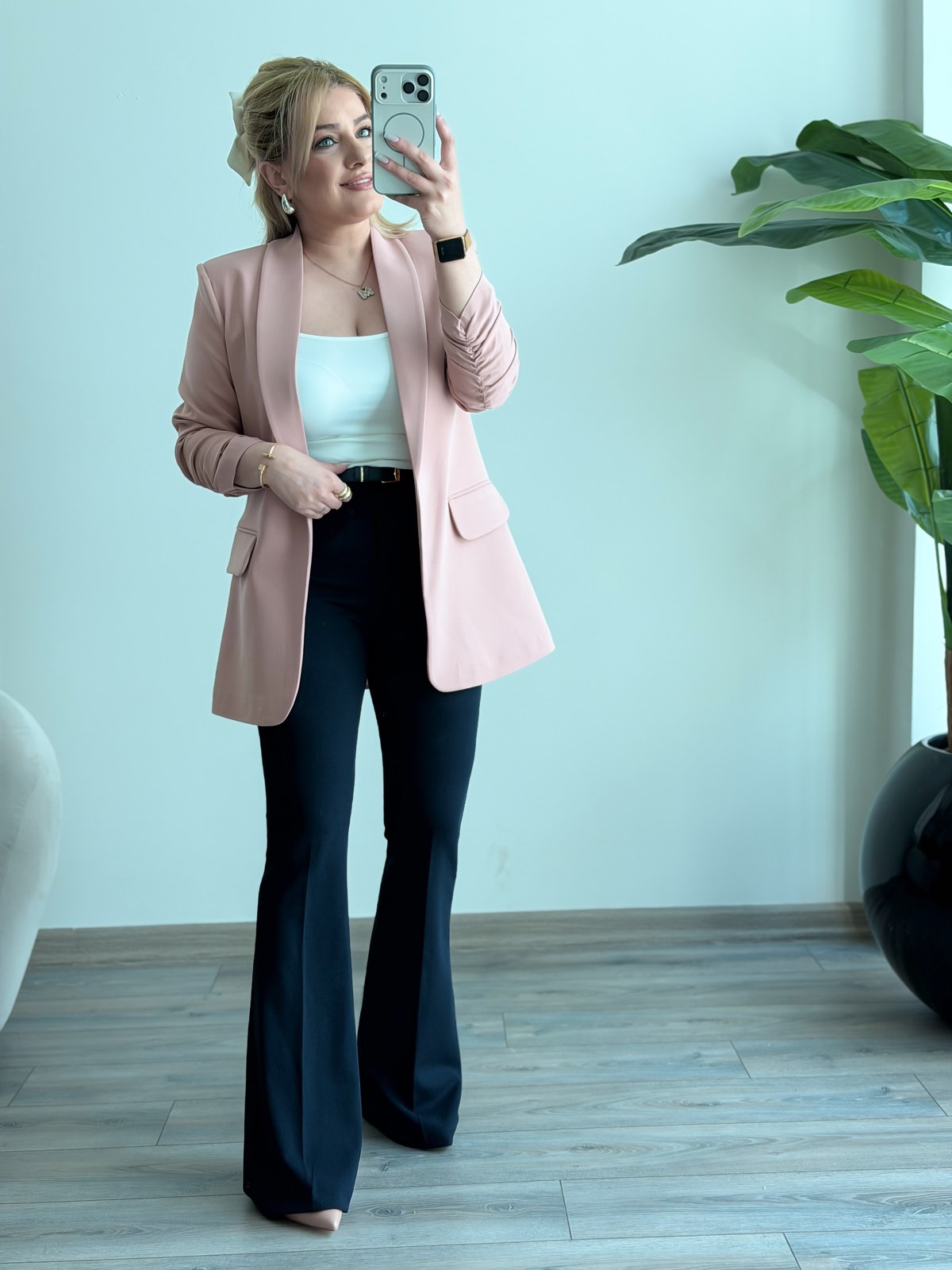 Düğmesiz Astarlı Kolu Büzgülü Blazer Ceket PUDRA