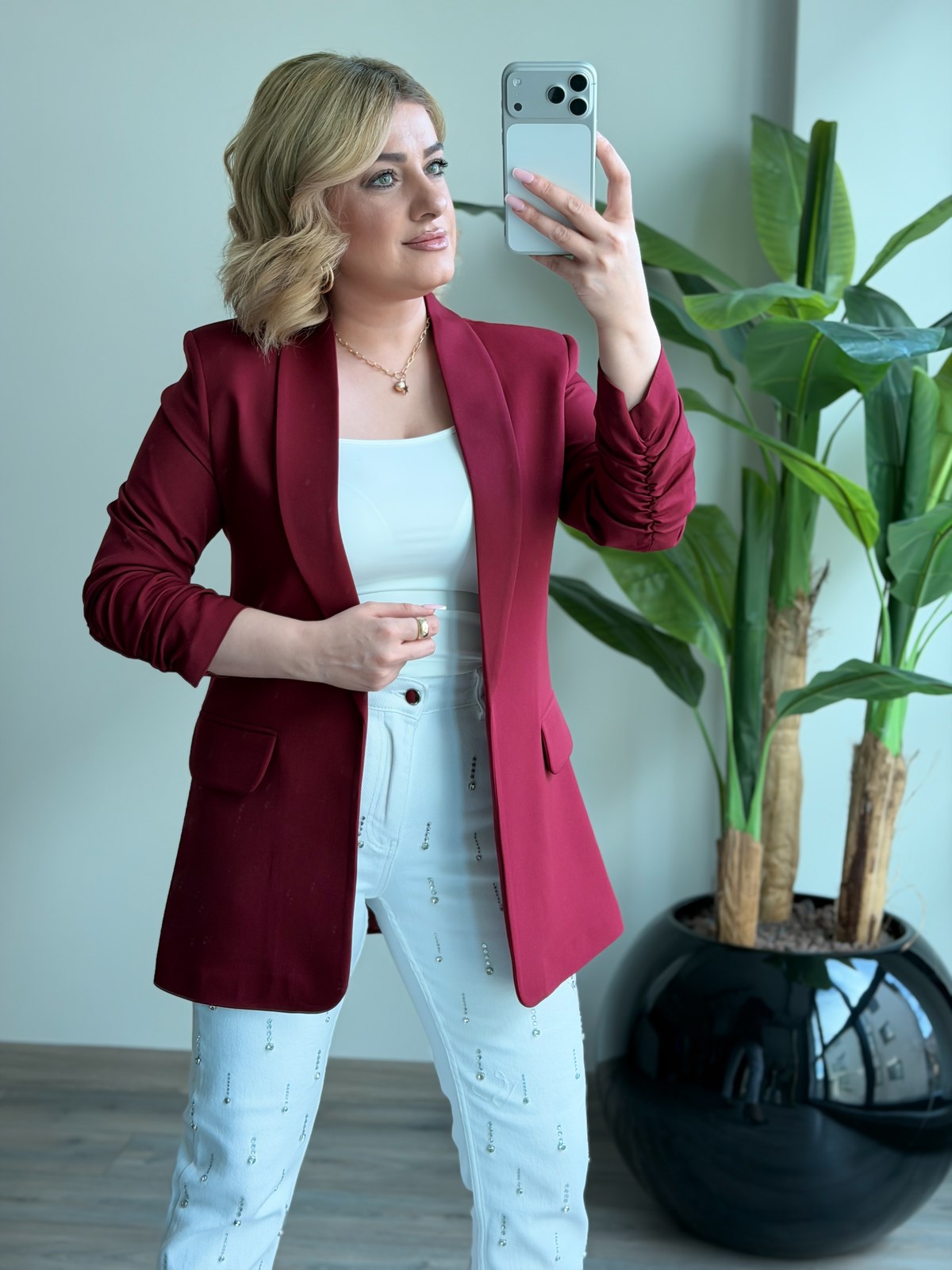 Düğmesiz Astarlı Kolu Büzgülü Blazer Ceket BORDO