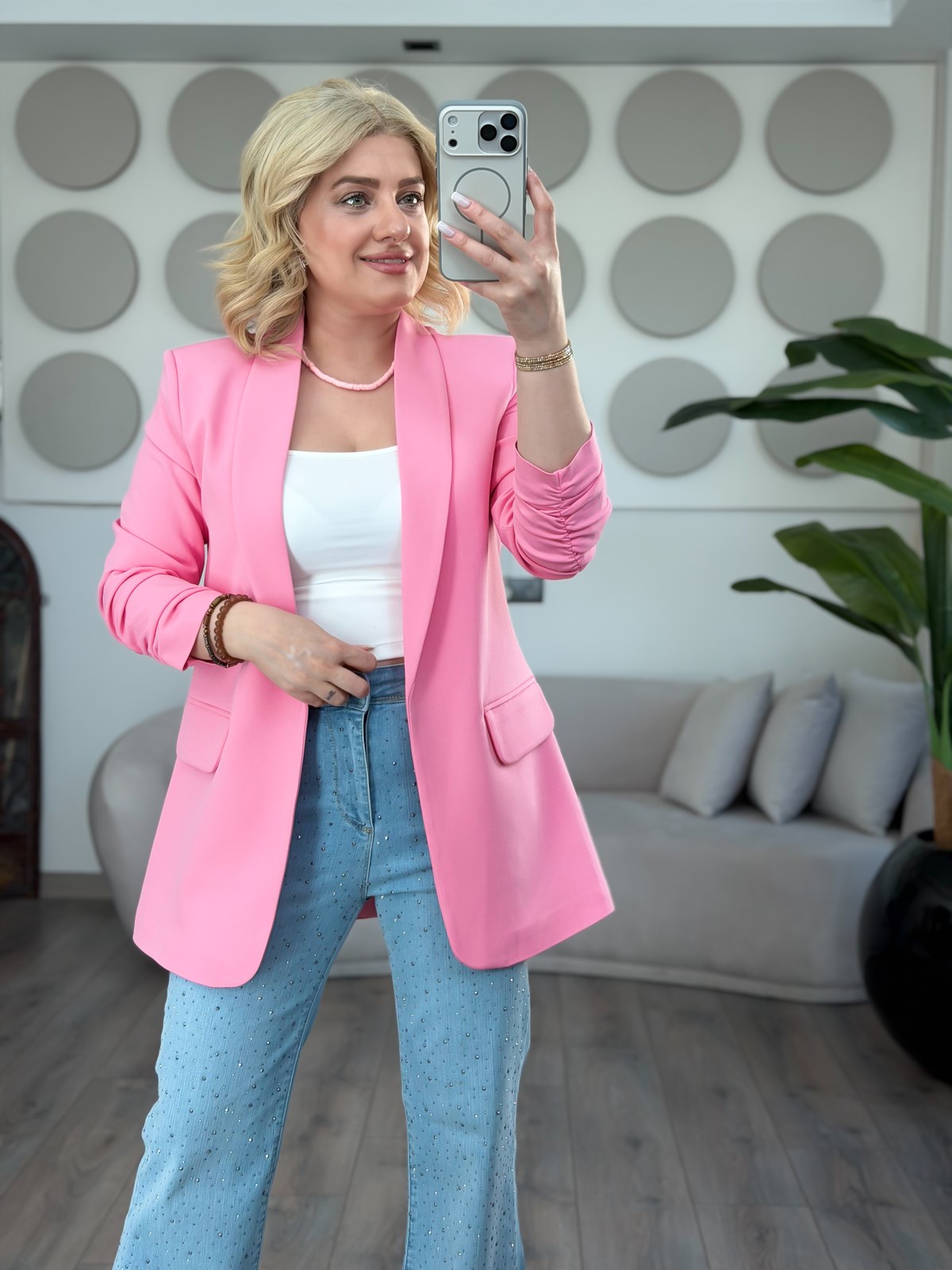 Düğmesiz Astarlı Kolu Büzgülü Blazer Ceket FUŞYA