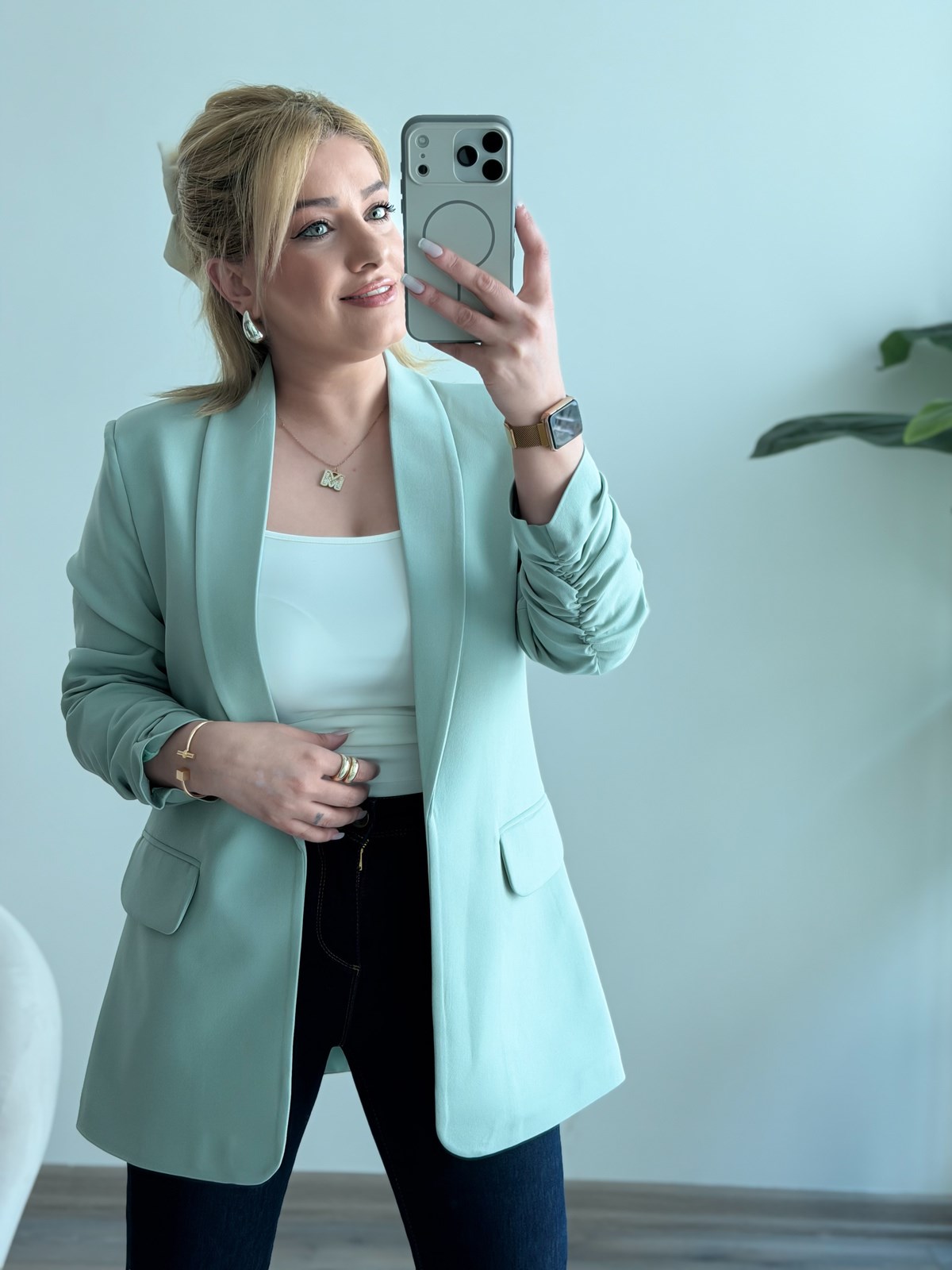 Düğmesiz Astarlı Kolu Büzgülü Blazer Ceket Mint
