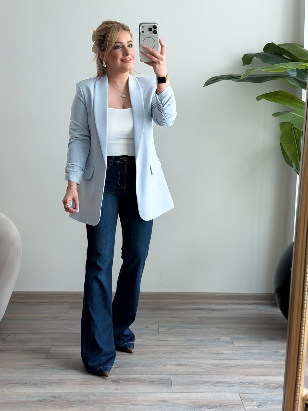 Düğmesiz Astarlı Kolu Büzgülü Blazer Ceket AÇIK MAVİ