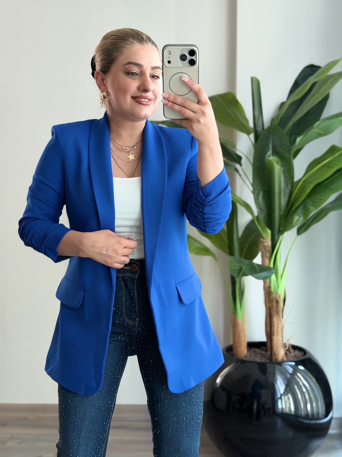 Düğmesiz Astarlı Kolu Büzgülü Blazer Ceket SAKS