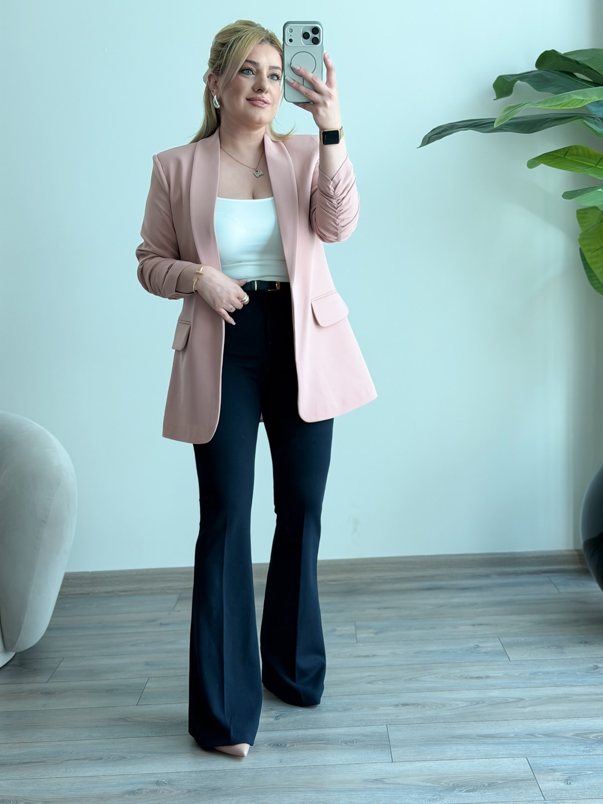 Düğmesiz Astarlı Kolu Büzgülü Blazer Ceket PUDRA