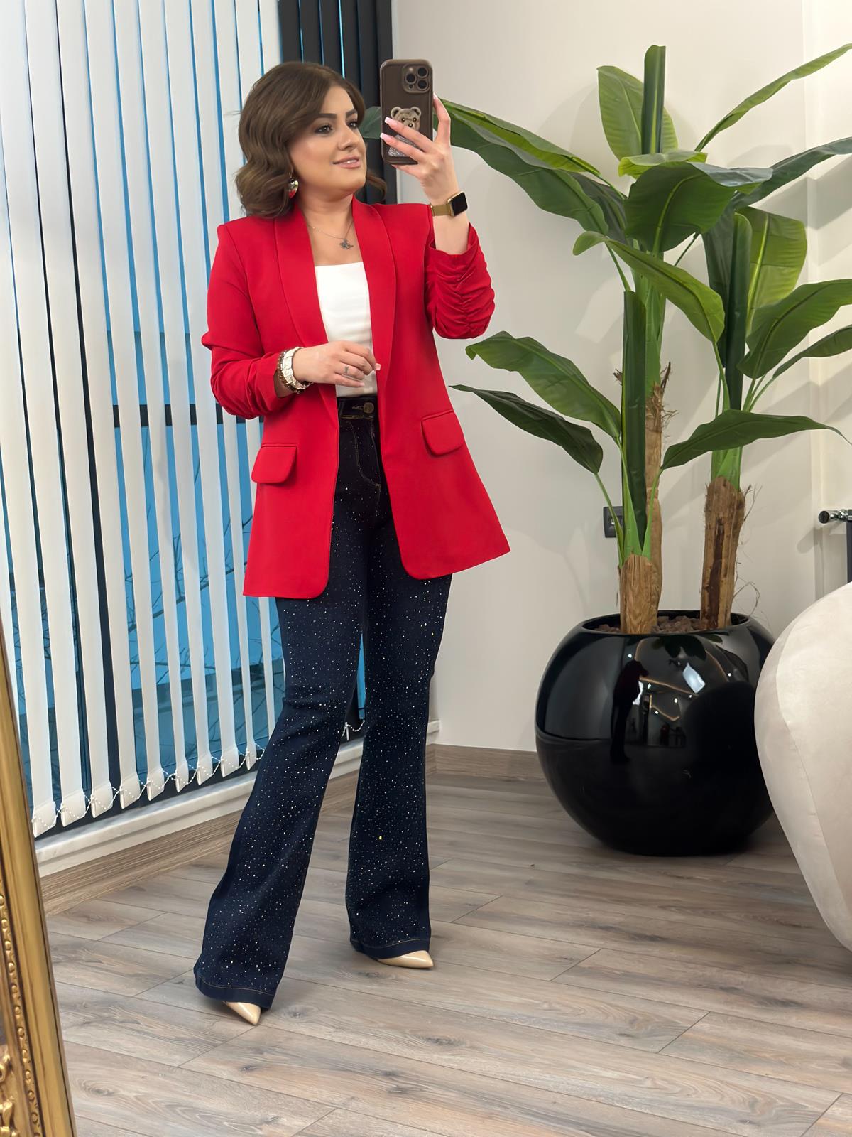 Düğmesiz Astarlı Kolu Büzgülü Blazer Ceket KIRMIZI