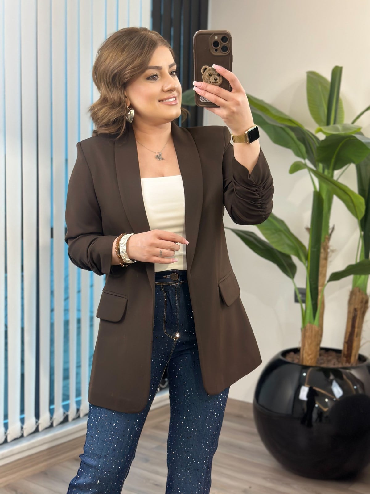 Düğmesiz Astarlı Kolu Büzgülü Blazer Ceket ACI KAHVE