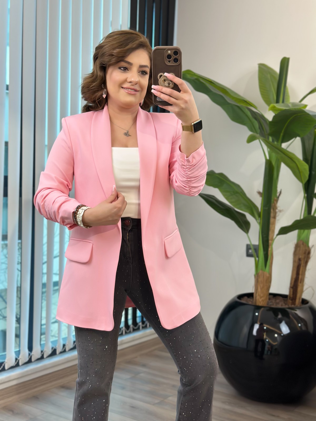 Düğmesiz Astarlı Kolu Büzgülü Blazer Ceket PEMBE