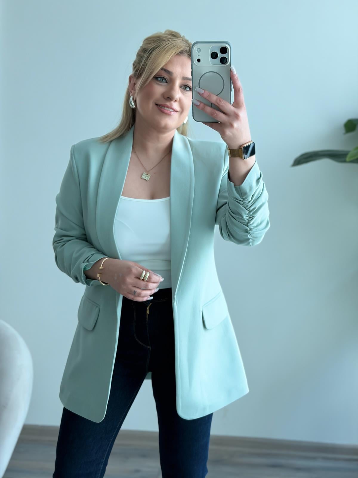 Düğmesiz Astarlı Kolu Büzgülü Blazer Ceket Mint
