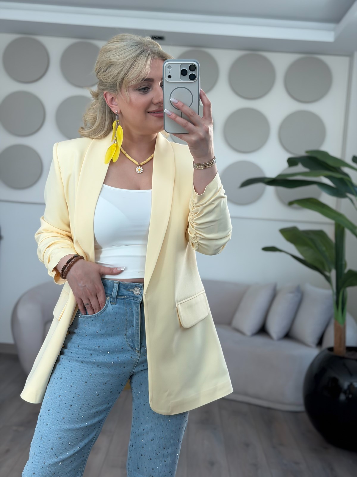 Düğmesiz Astarlı Kolu Büzgülü Blazer Ceket Sarı
