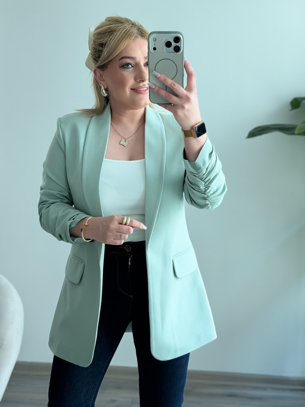 Düğmesiz Astarlı Kolu Büzgülü Blazer Ceket Mint