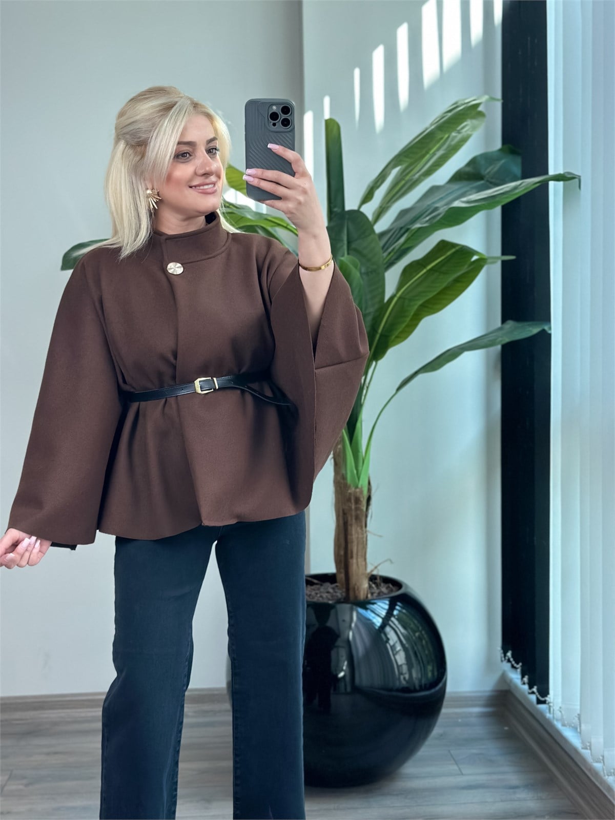 Düz Kaşe Kemerli Panço KAHVE