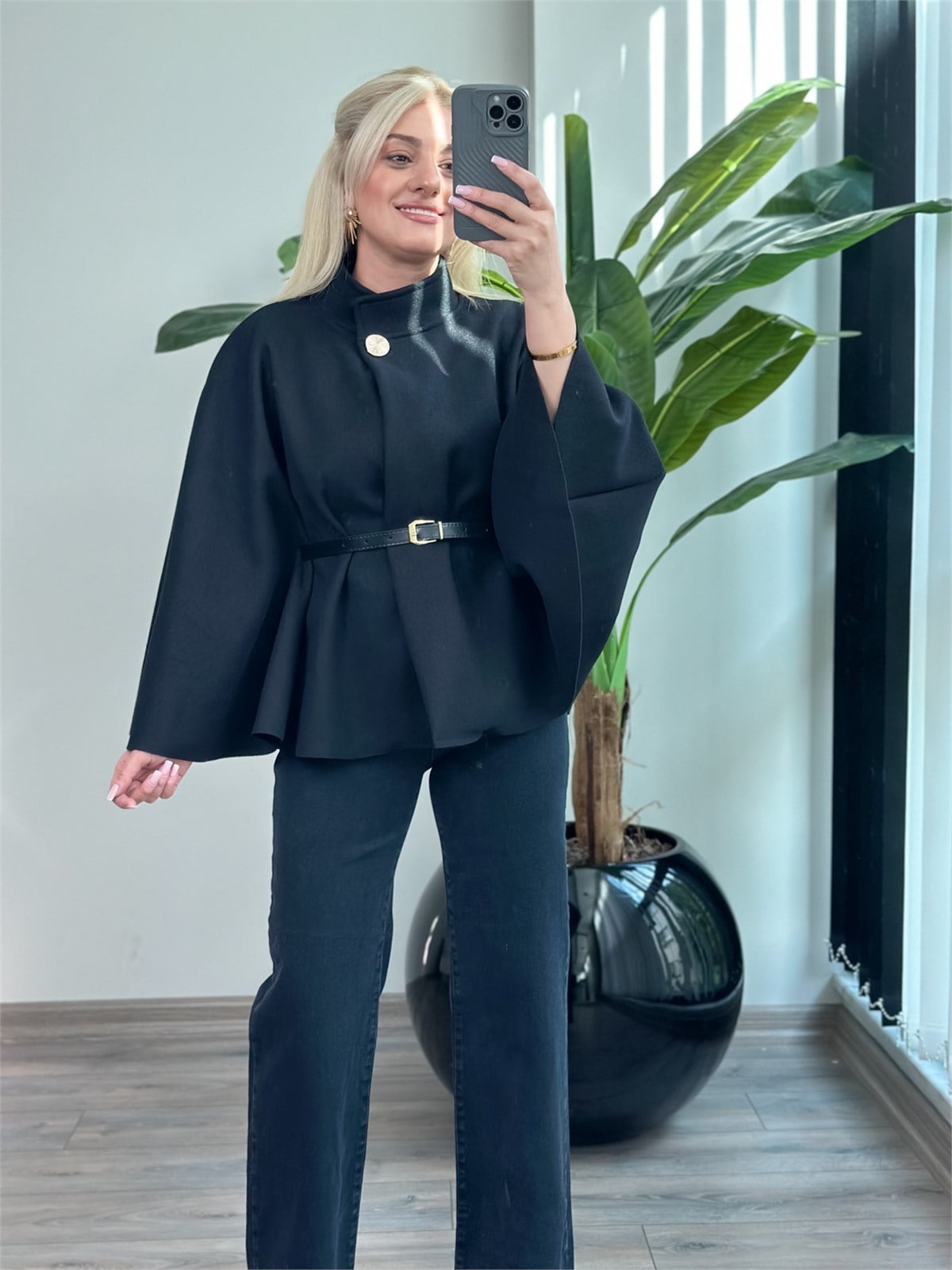 Düz Kaşe Kemerli Panço SİYAH