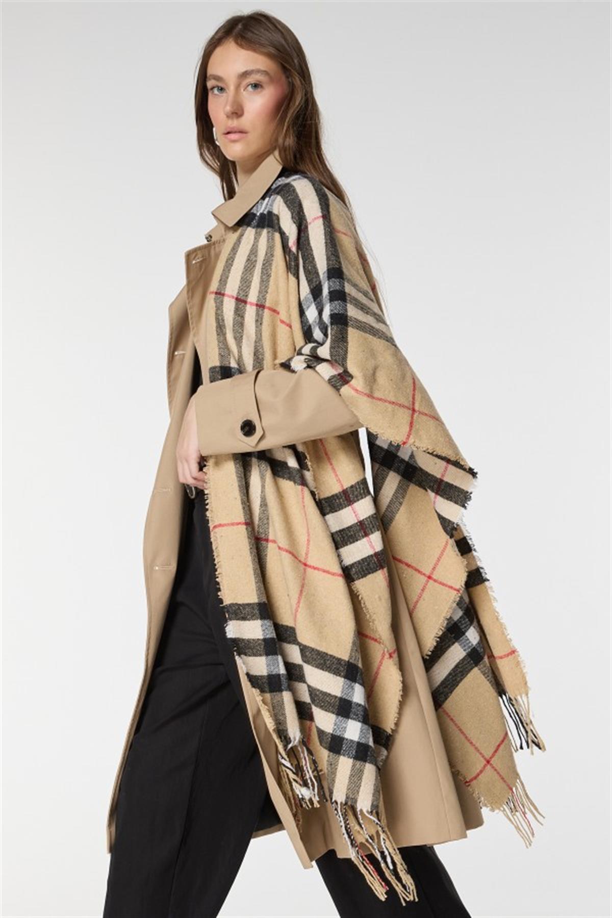 Ekose Desen Safran Kalın Omuz Şal Atkı VİZON