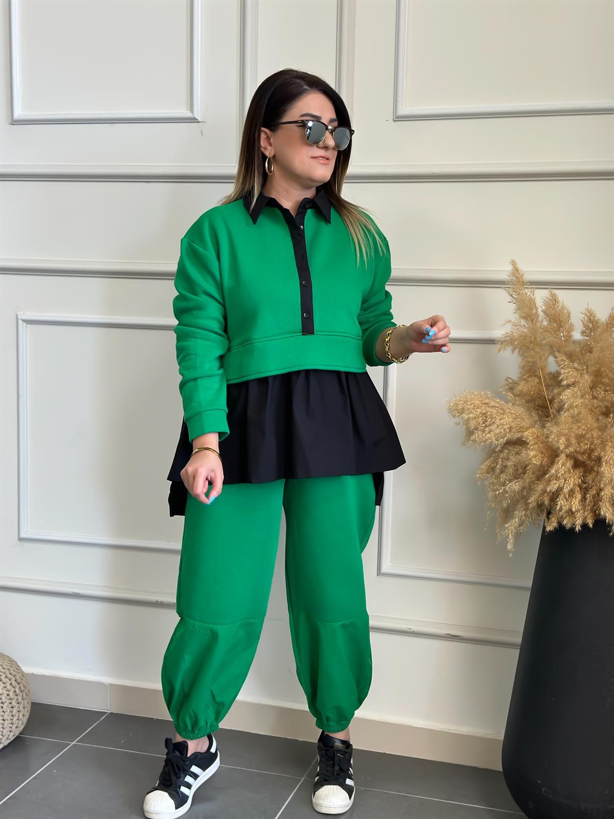 Eteği Büzgülü Poplin Detaylı Takım YEŞİL