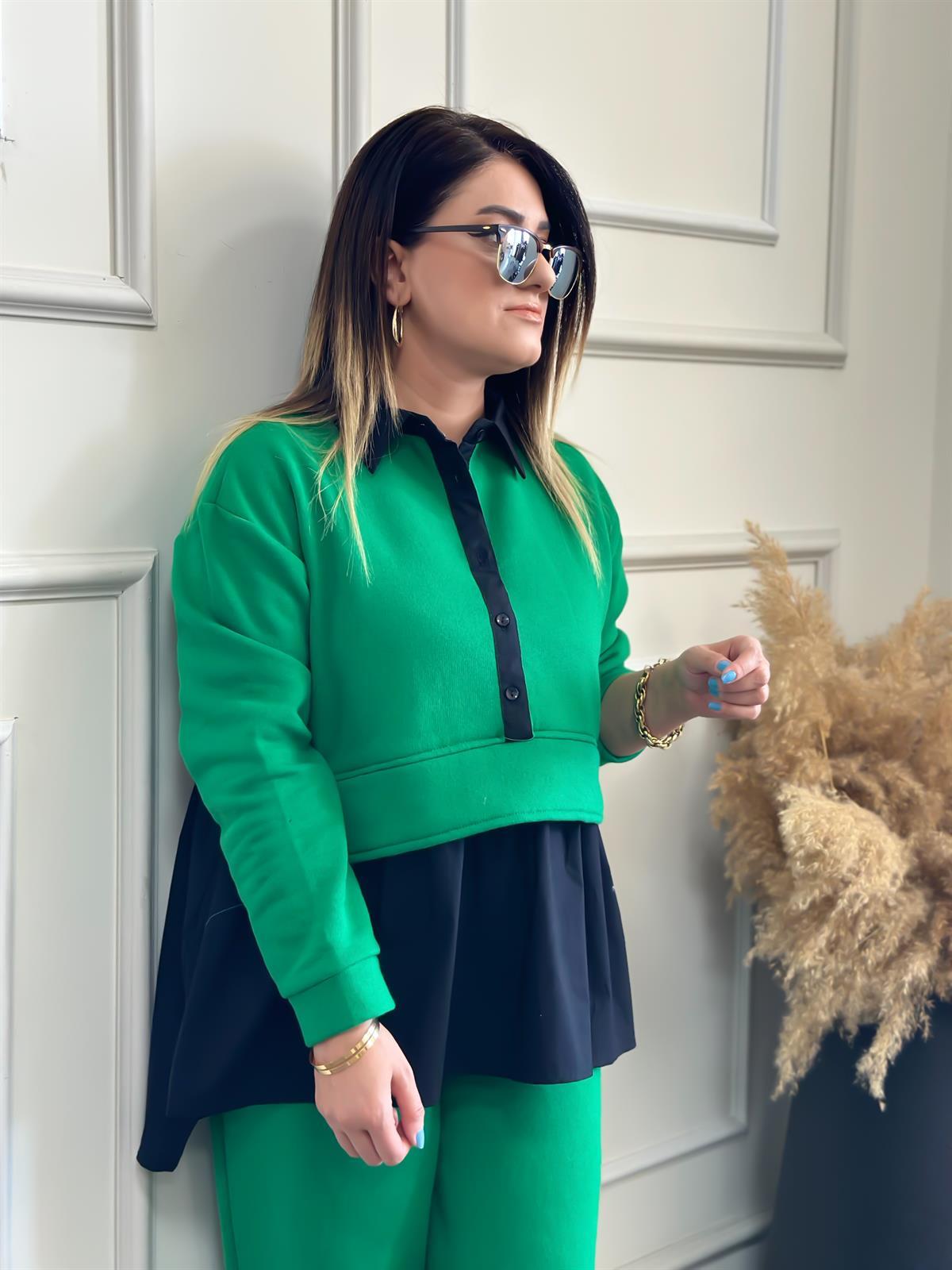 Eteği Büzgülü Poplin Detaylı Takım YEŞİL