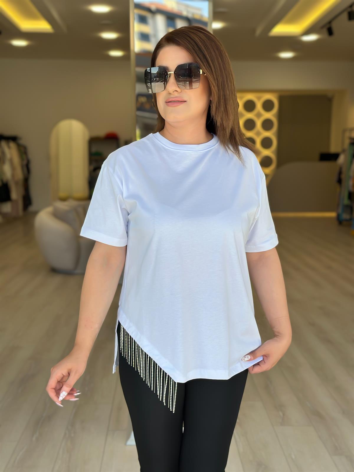 Eteği Taşlı Asimetrik Tshirt BEYAZ