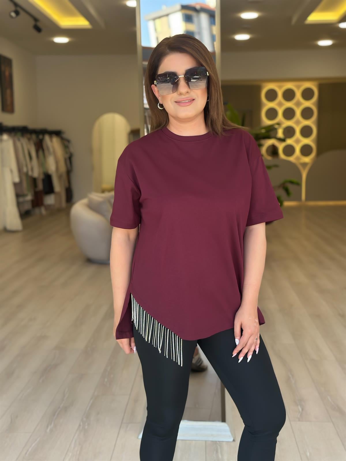 Eteği Taşlı Asimetrik Tshirt BORDO