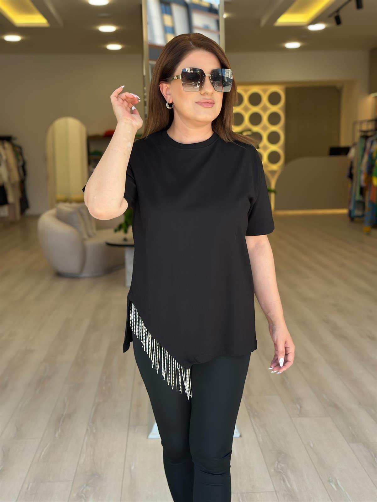 Eteği Taşlı Asimetrik Tshirt SİYAH
