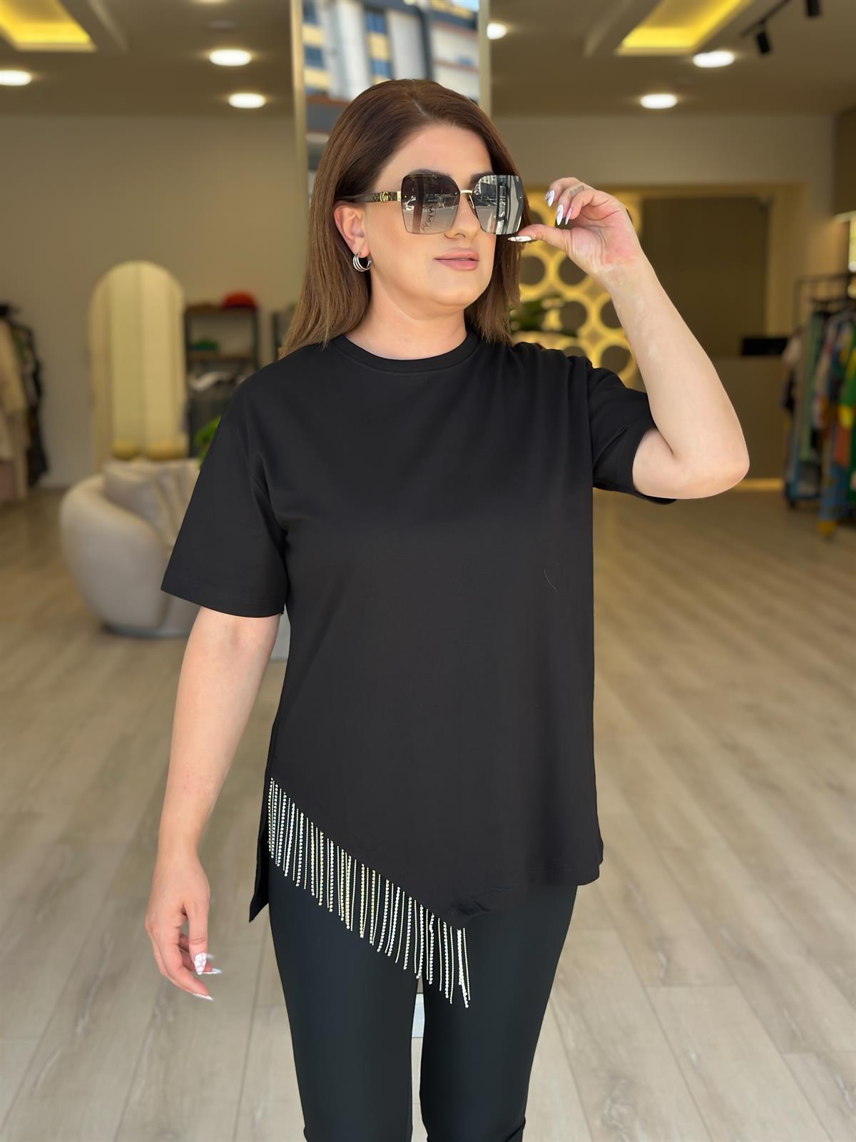 Eteği Taşlı Asimetrik Tshirt SİYAH