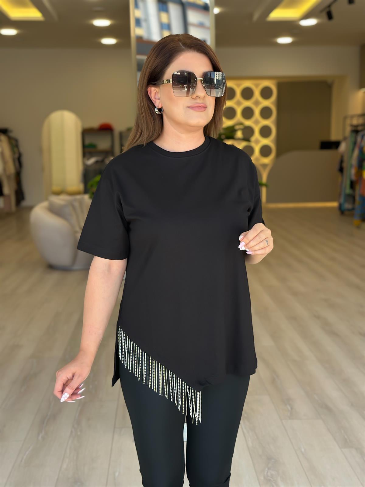 Eteği Taşlı Asimetrik Tshirt SİYAH