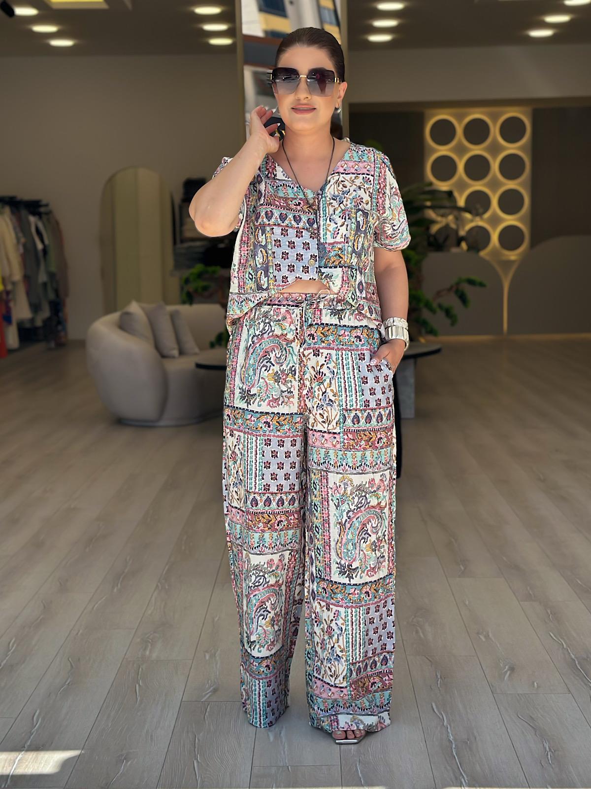 Etnik Desenli Geniş Paça Pantolon YEŞİL