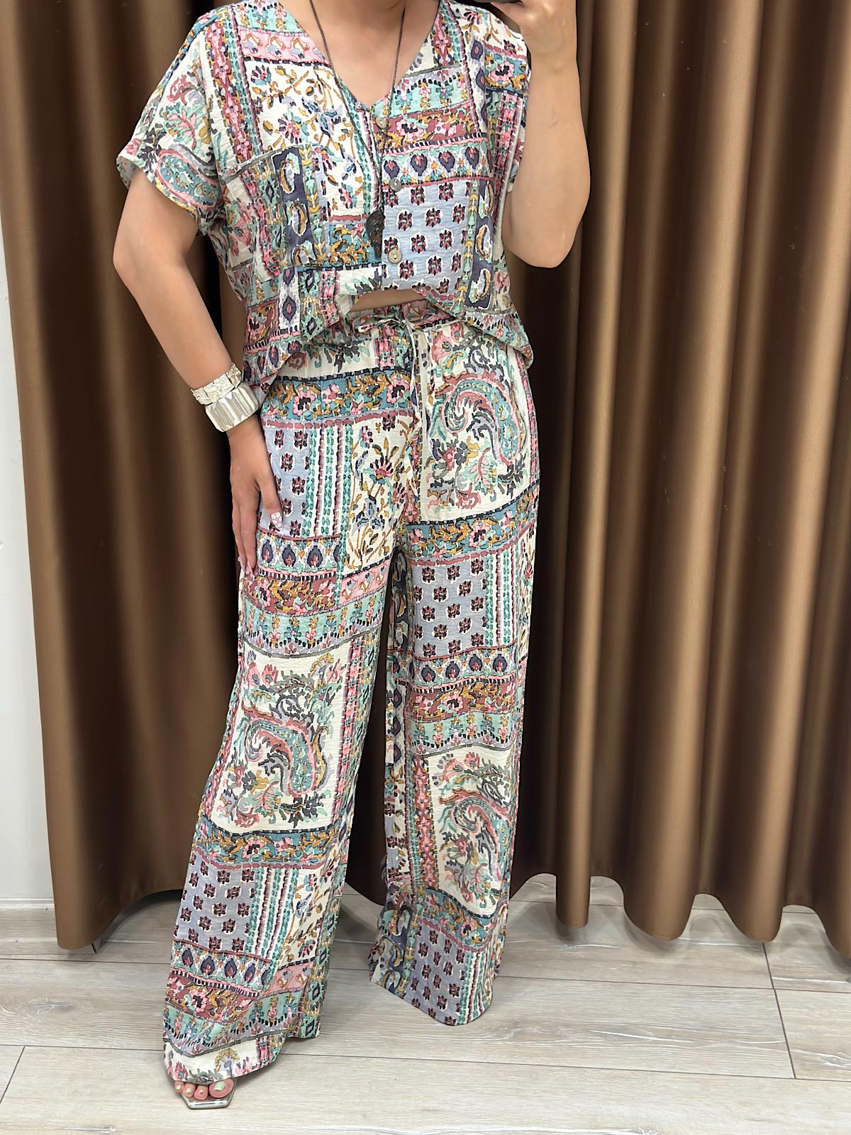 Etnik Desenli Geniş Paça Pantolon YEŞİL