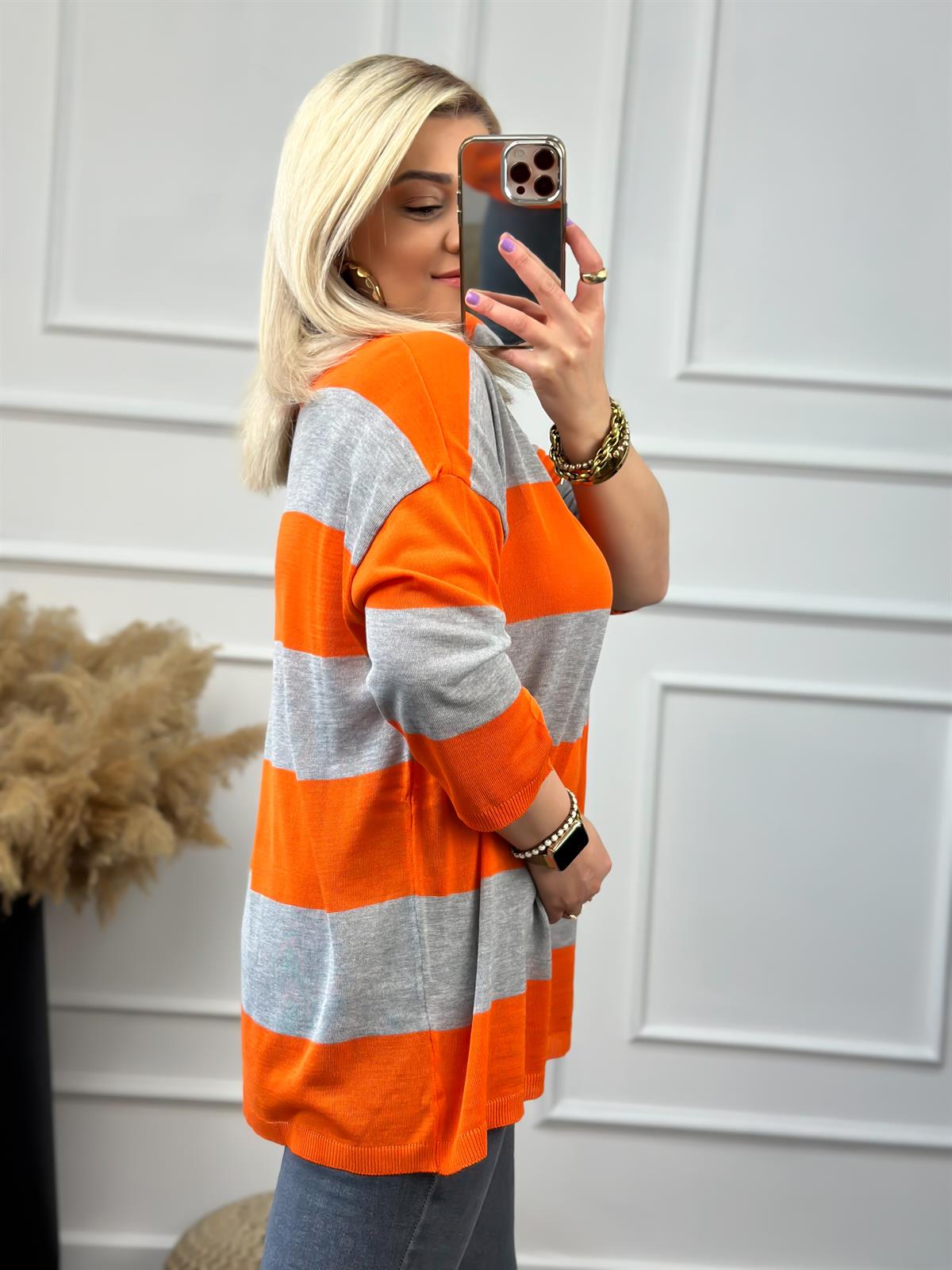 Fakir Kol Çizgili Triko GRİ-TURUNCU