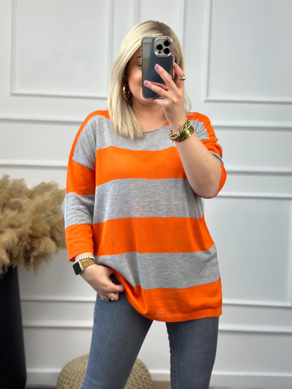 Fakir Kol Çizgili Triko GRİ-TURUNCU