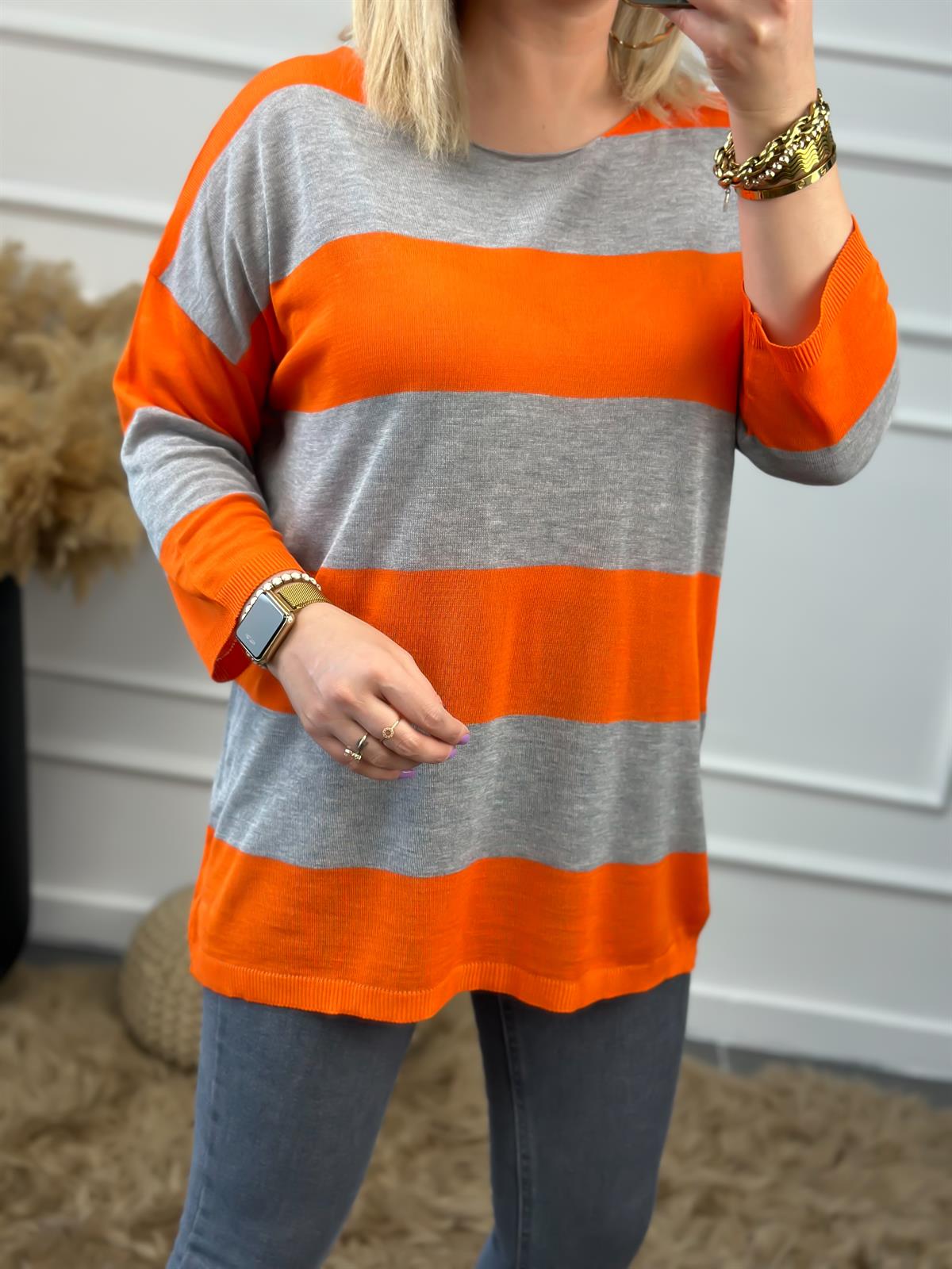 Fakir Kol Çizgili Triko GRİ-TURUNCU