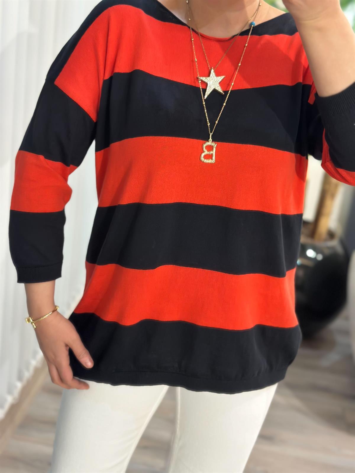 Fakir Kol Çizgili Triko KIRMIZI SİYAH