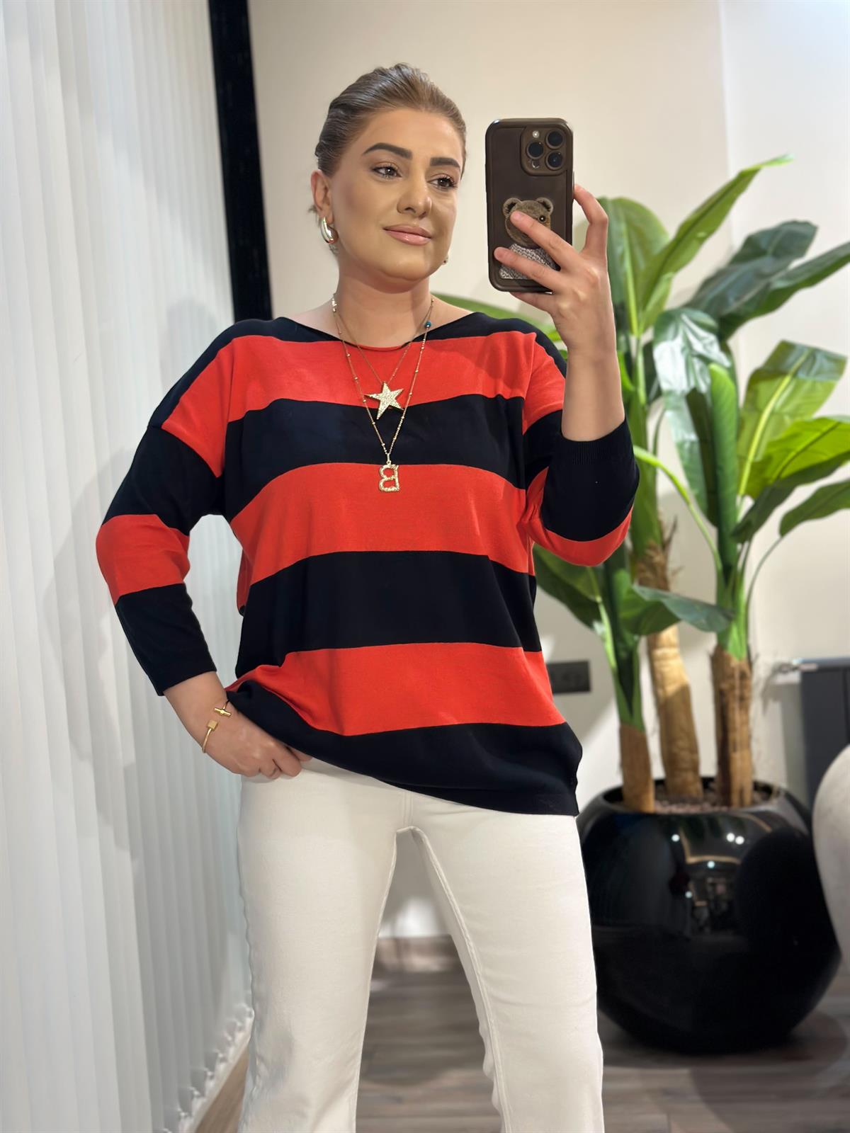 Fakir Kol Çizgili Triko KIRMIZI SİYAH