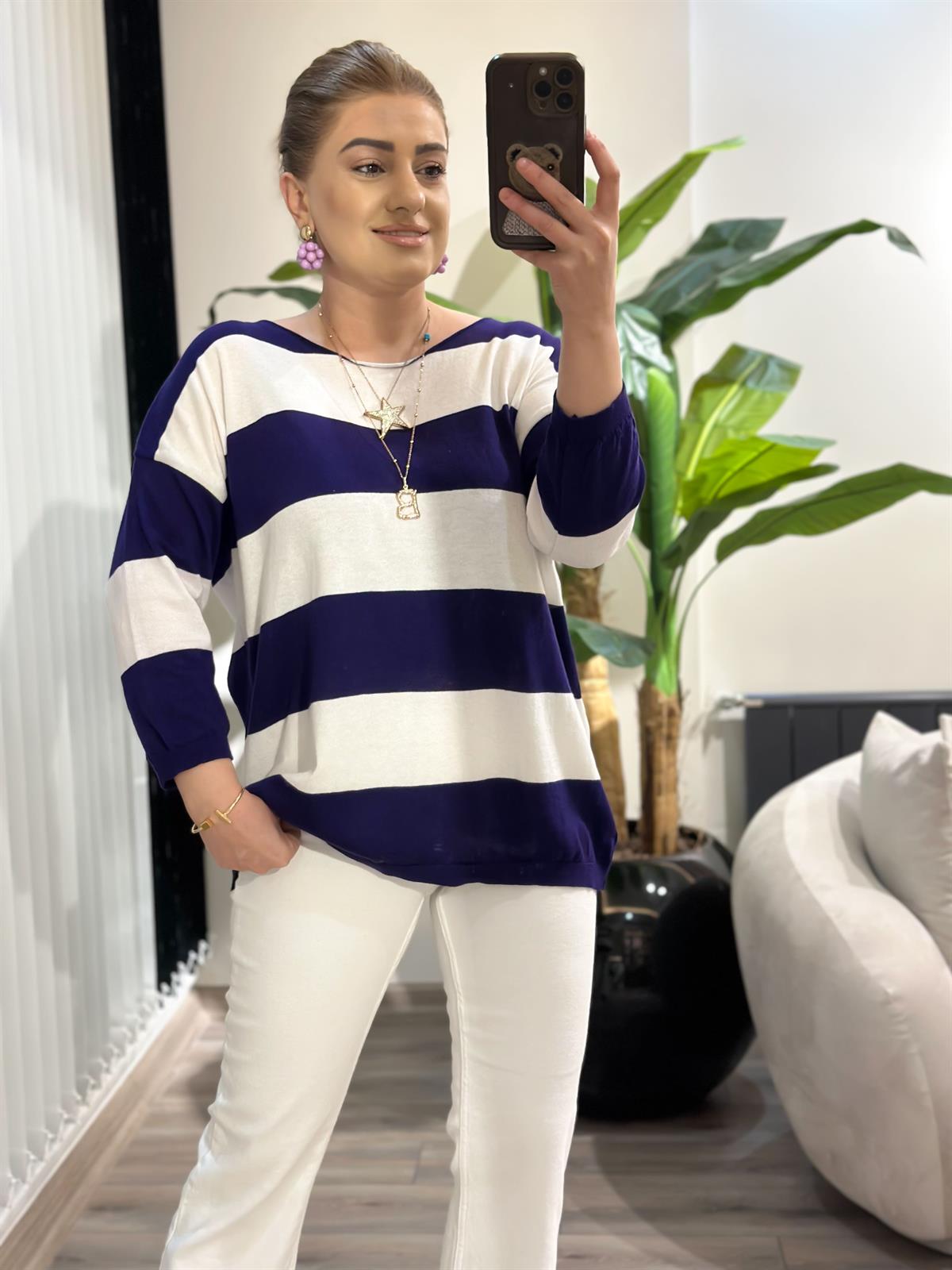 Fakir Kol Çizgili Triko MOR BEYAZ