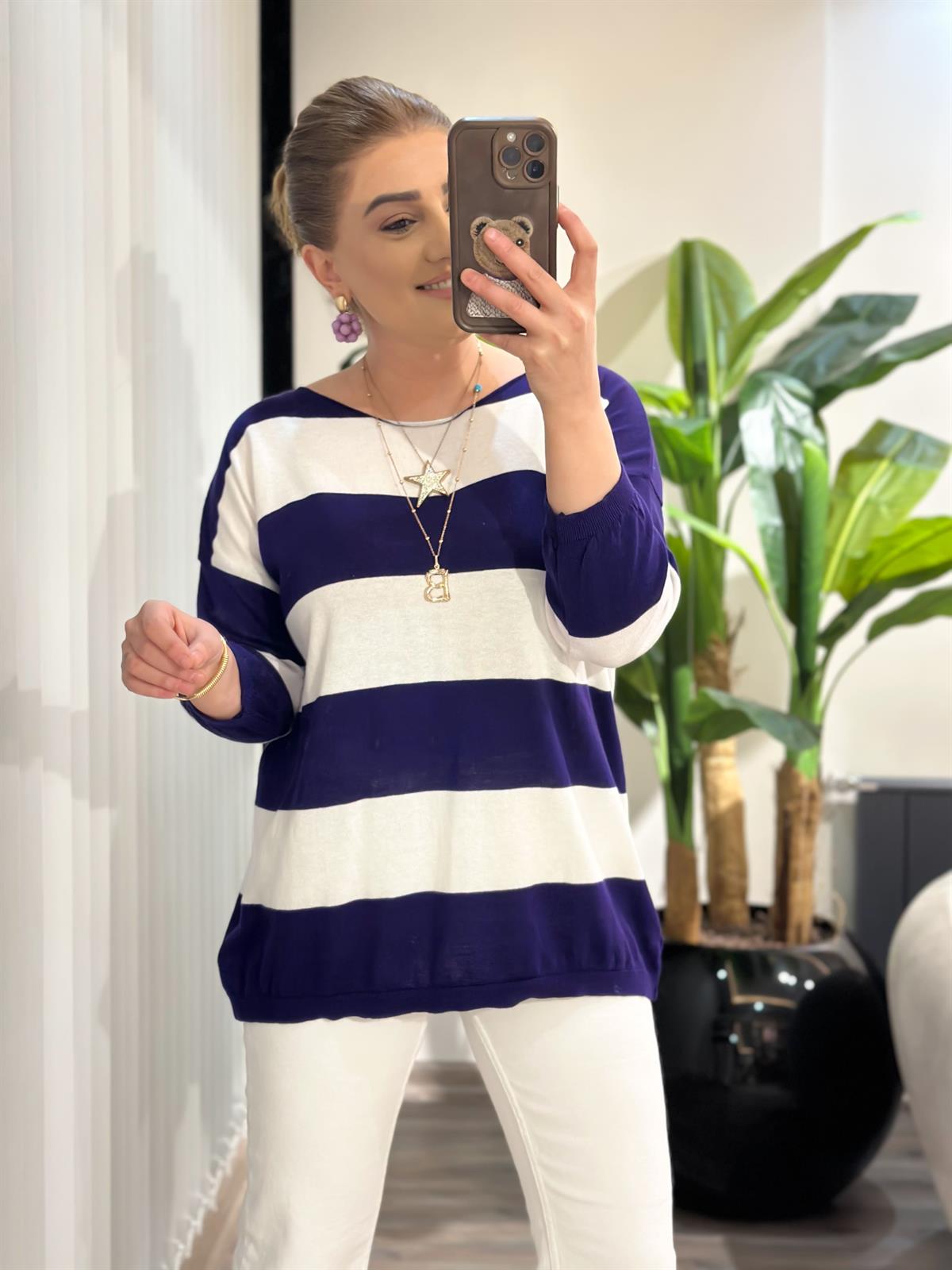 Fakir Kol Çizgili Triko MOR BEYAZ