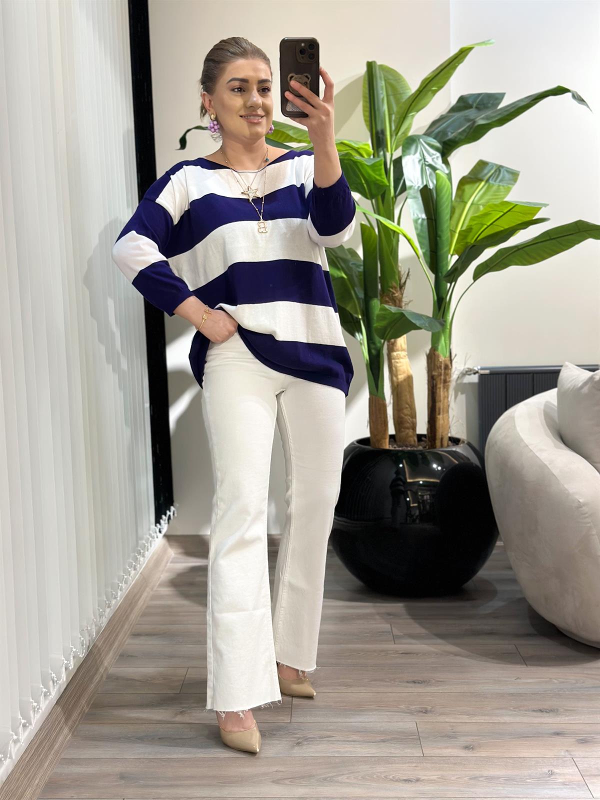 Fakir Kol Çizgili Triko MOR BEYAZ