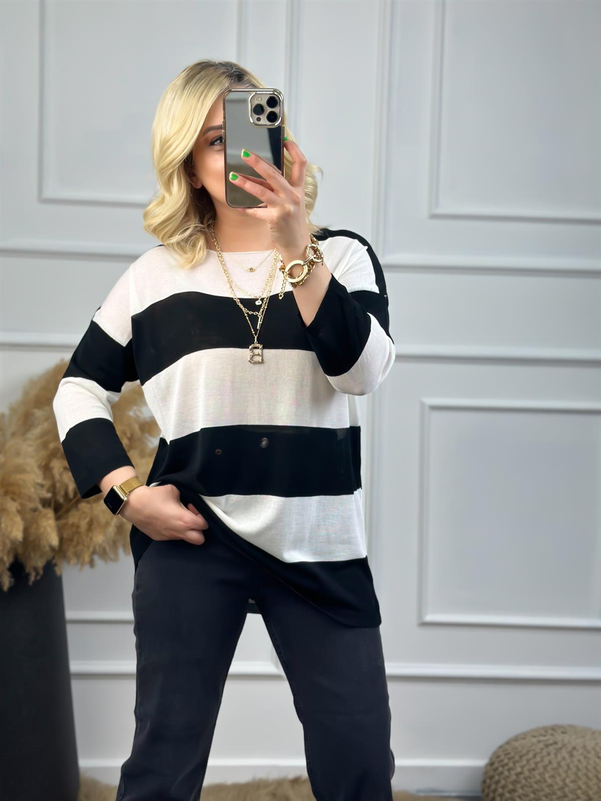 Fakir Kol Çizgili Triko SİYAH BEYAZ