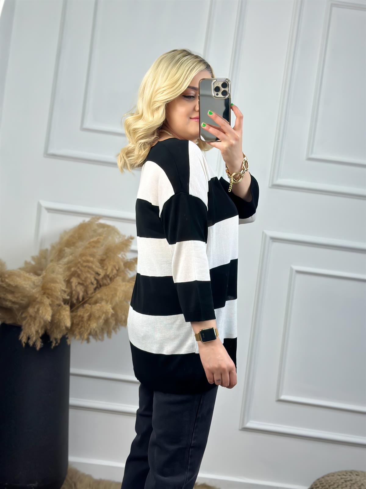 Fakir Kol Çizgili Triko SİYAH BEYAZ