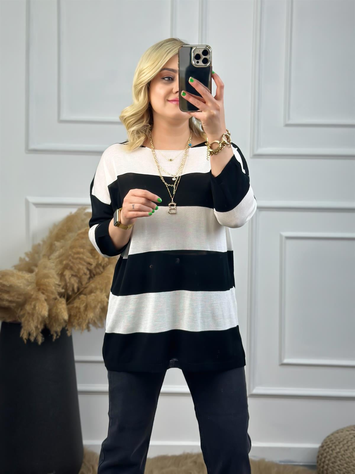 Fakir Kol Çizgili Triko SİYAH BEYAZ