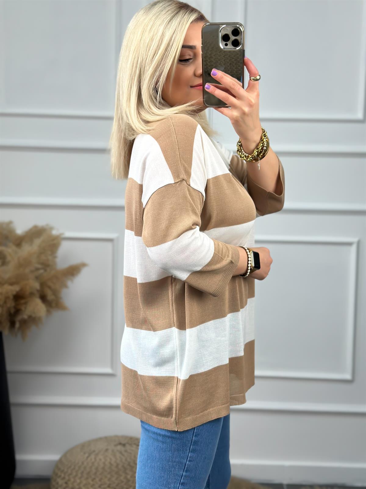 Fakir Kol Çizgili Triko VİZON-BEYAZ