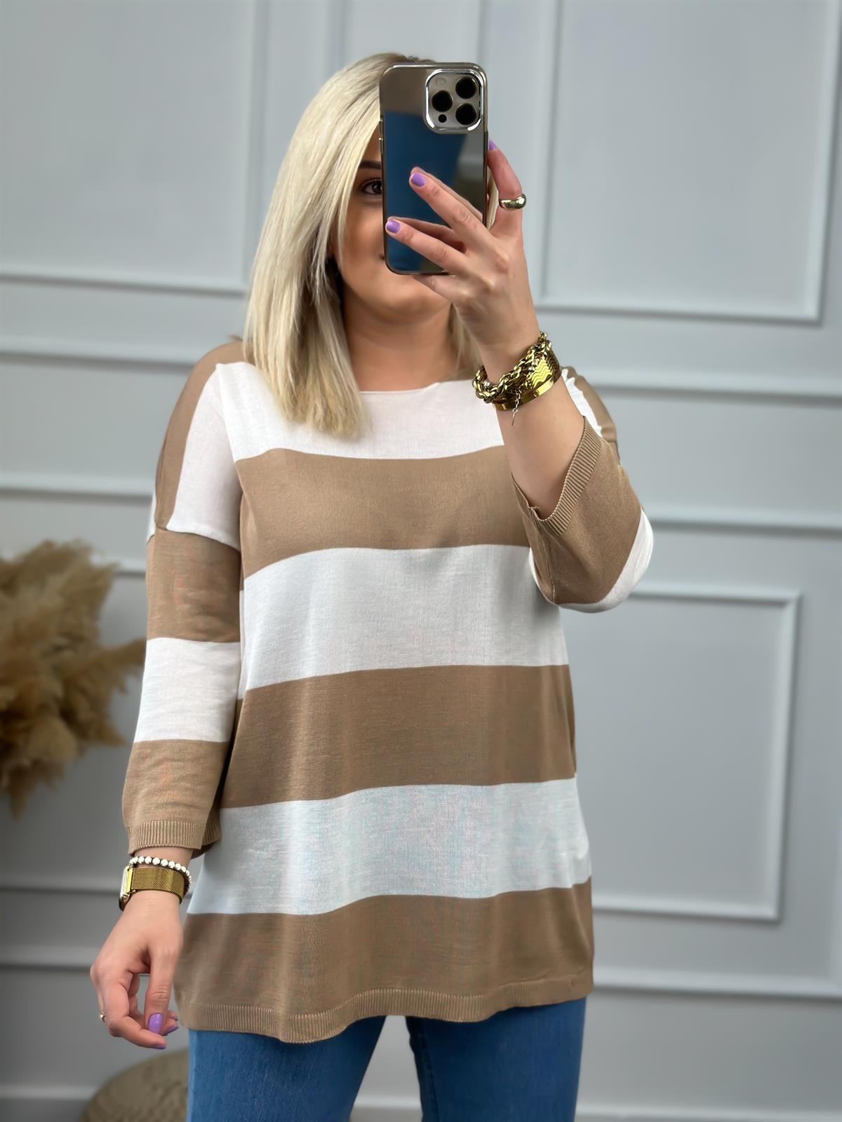 Fakir Kol Çizgili Triko VİZON-BEYAZ