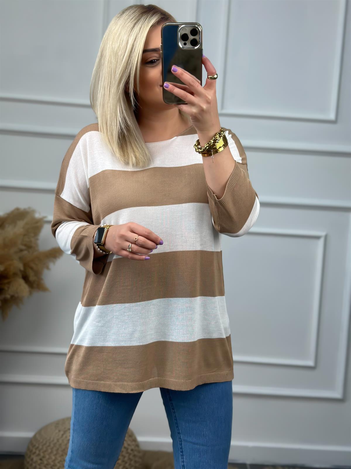 Fakir Kol Çizgili Triko VİZON-BEYAZ