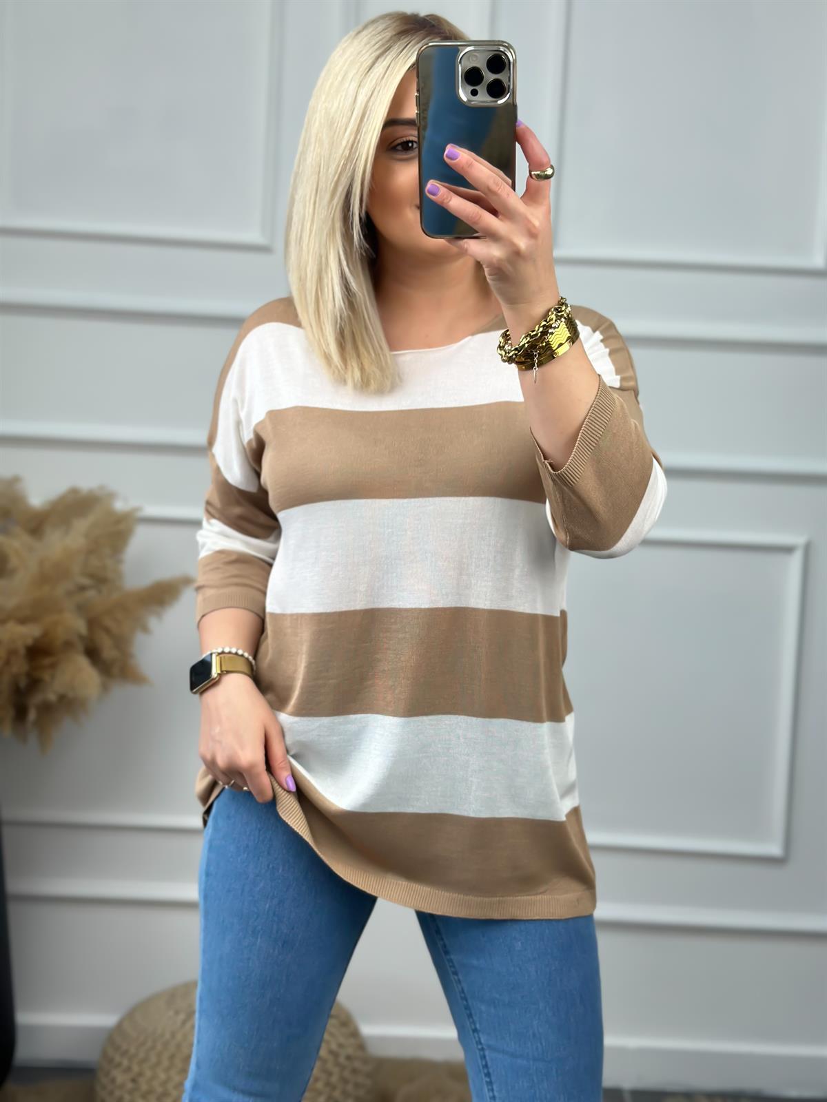 Fakir Kol Çizgili Triko VİZON-BEYAZ