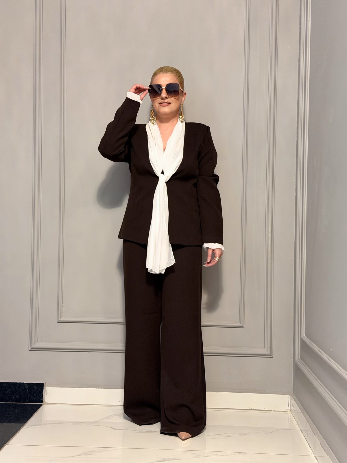 Fular Bağlamalı Blazer Pantolon Takım KAHVE