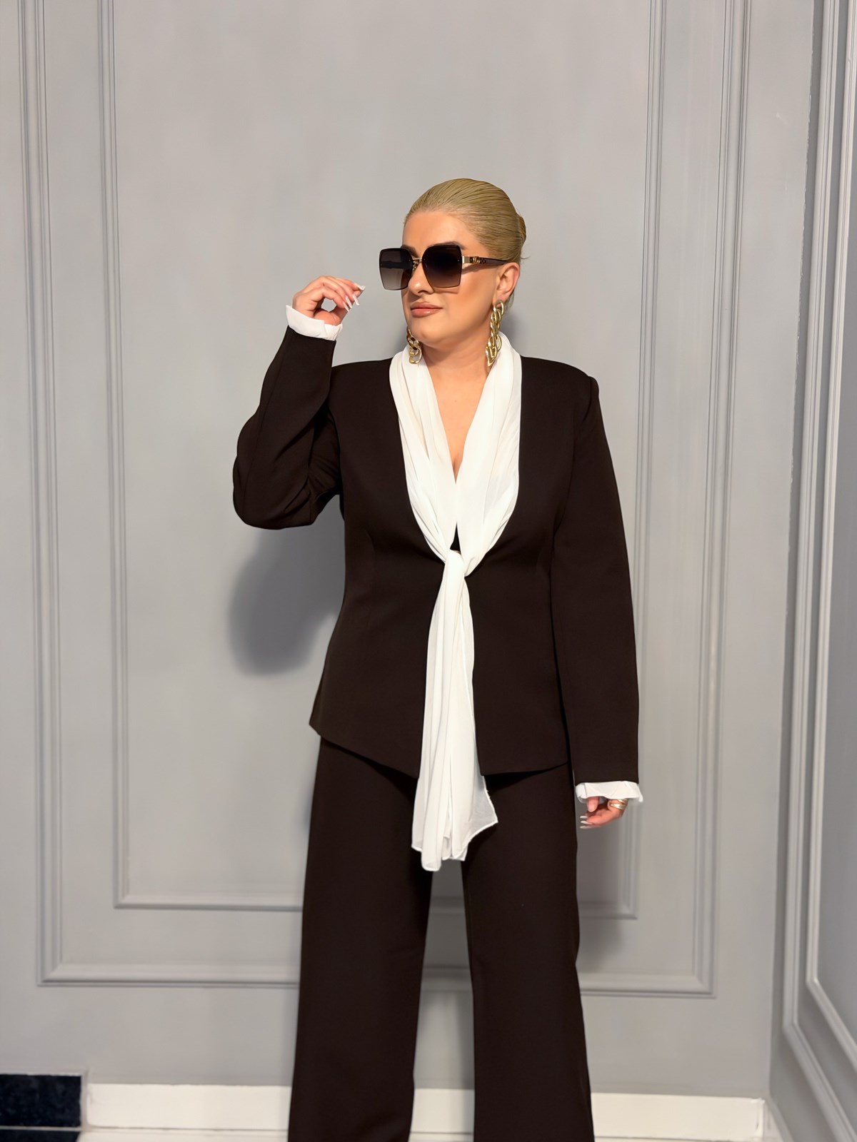 Fular Bağlamalı Blazer Pantolon Takım KAHVE