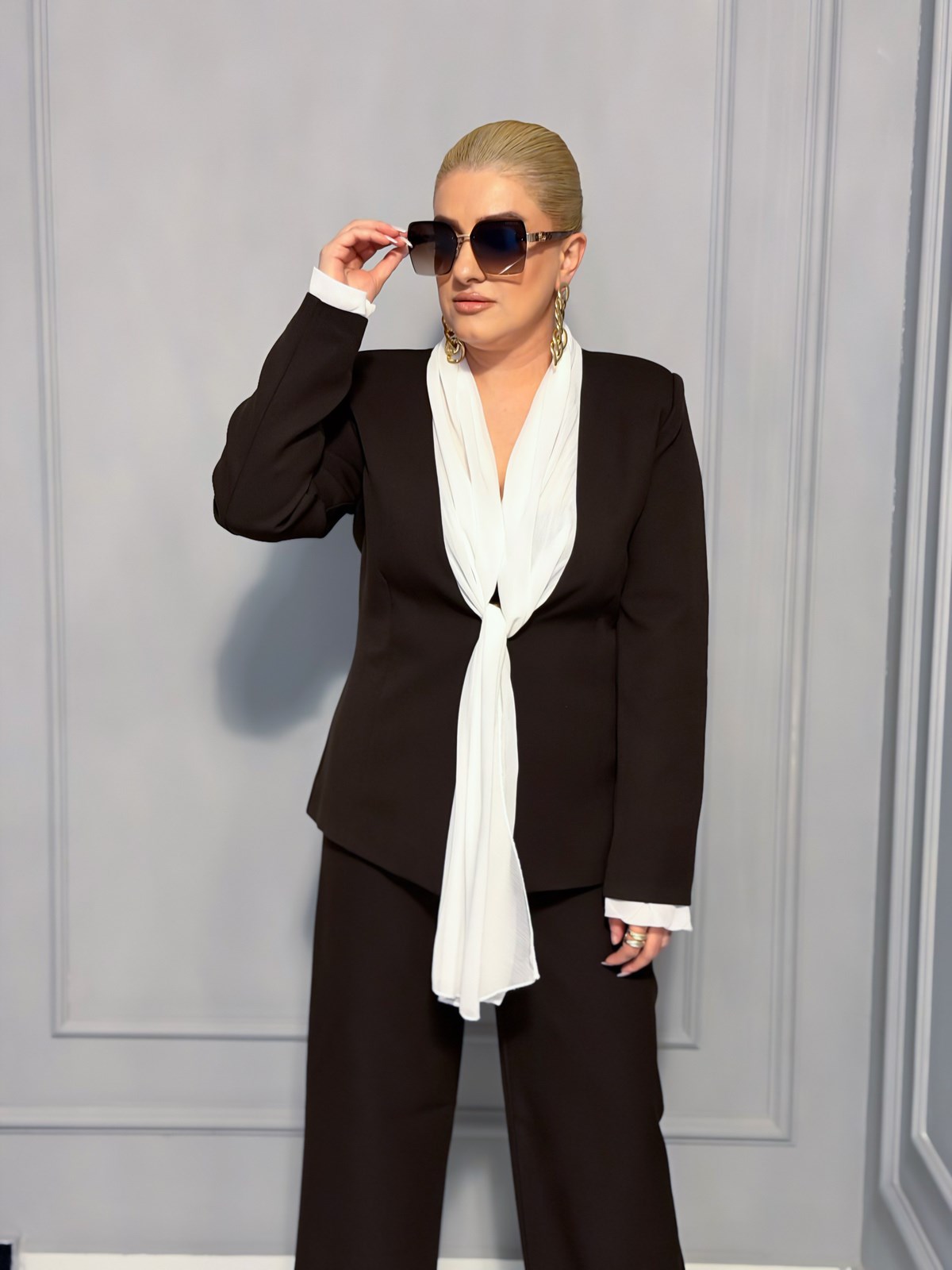 Fular Bağlamalı Blazer Pantolon Takım KAHVE