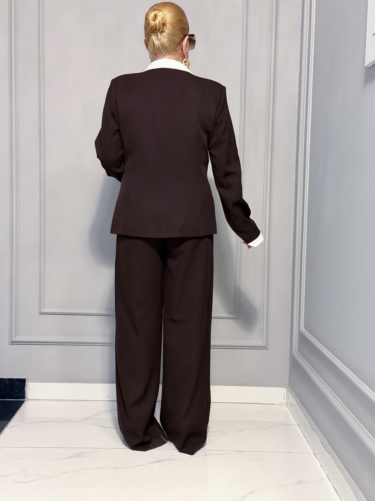 Fular Bağlamalı Blazer Pantolon Takım KAHVE
