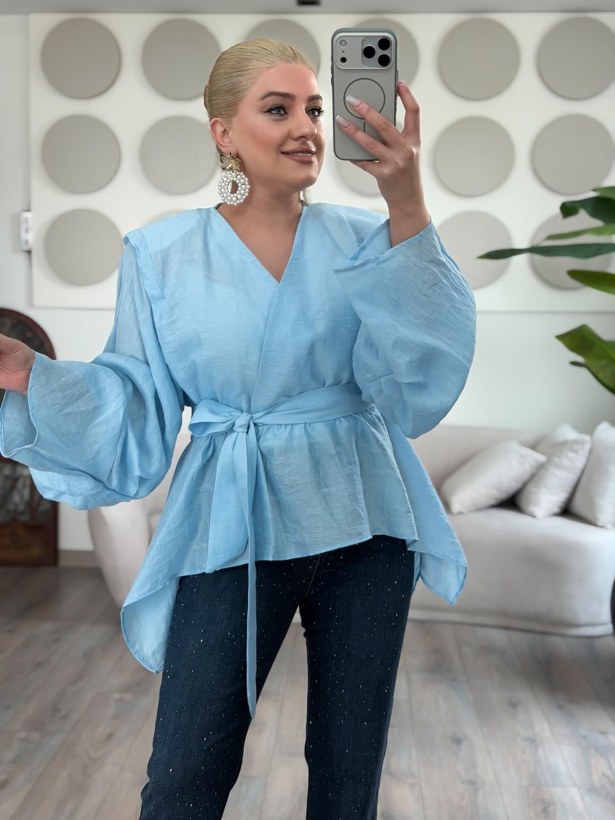 Fularlı Jakarlı Gömlek BEBE MAVİ