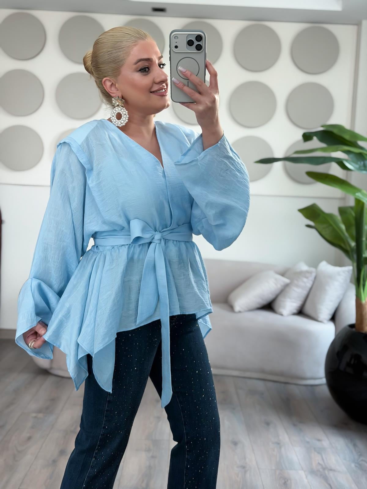 Fularlı Jakarlı Gömlek BEBE MAVİ