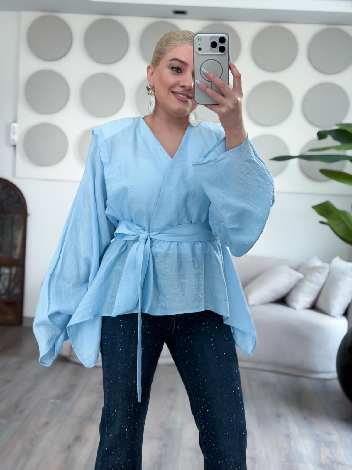 Fularlı Jakarlı Gömlek BEBE MAVİ