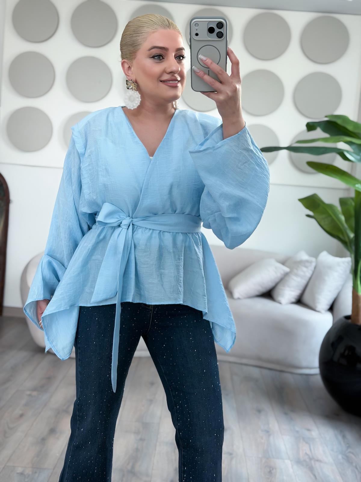 Fularlı Jakarlı Gömlek BEBE MAVİ